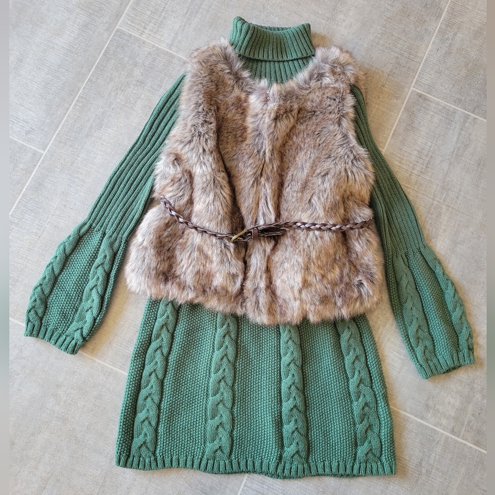 Green Knit Dress with Faux Fur Vest and Belt